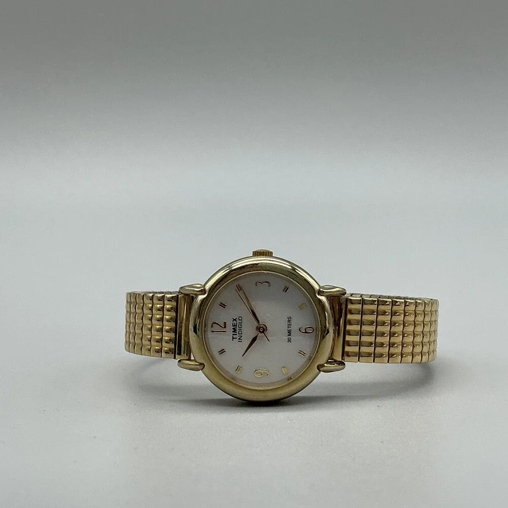 Vintage Timex Indiglo Womens Watch 25mm White Dial Gold Tone Stretch Band